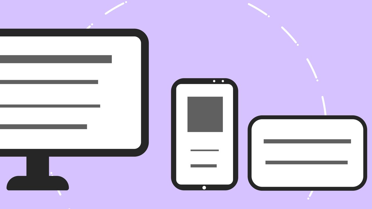 Vector icons depicting a modern phone beside a computer monitor and a credit card, set against a purple background with gray lines
